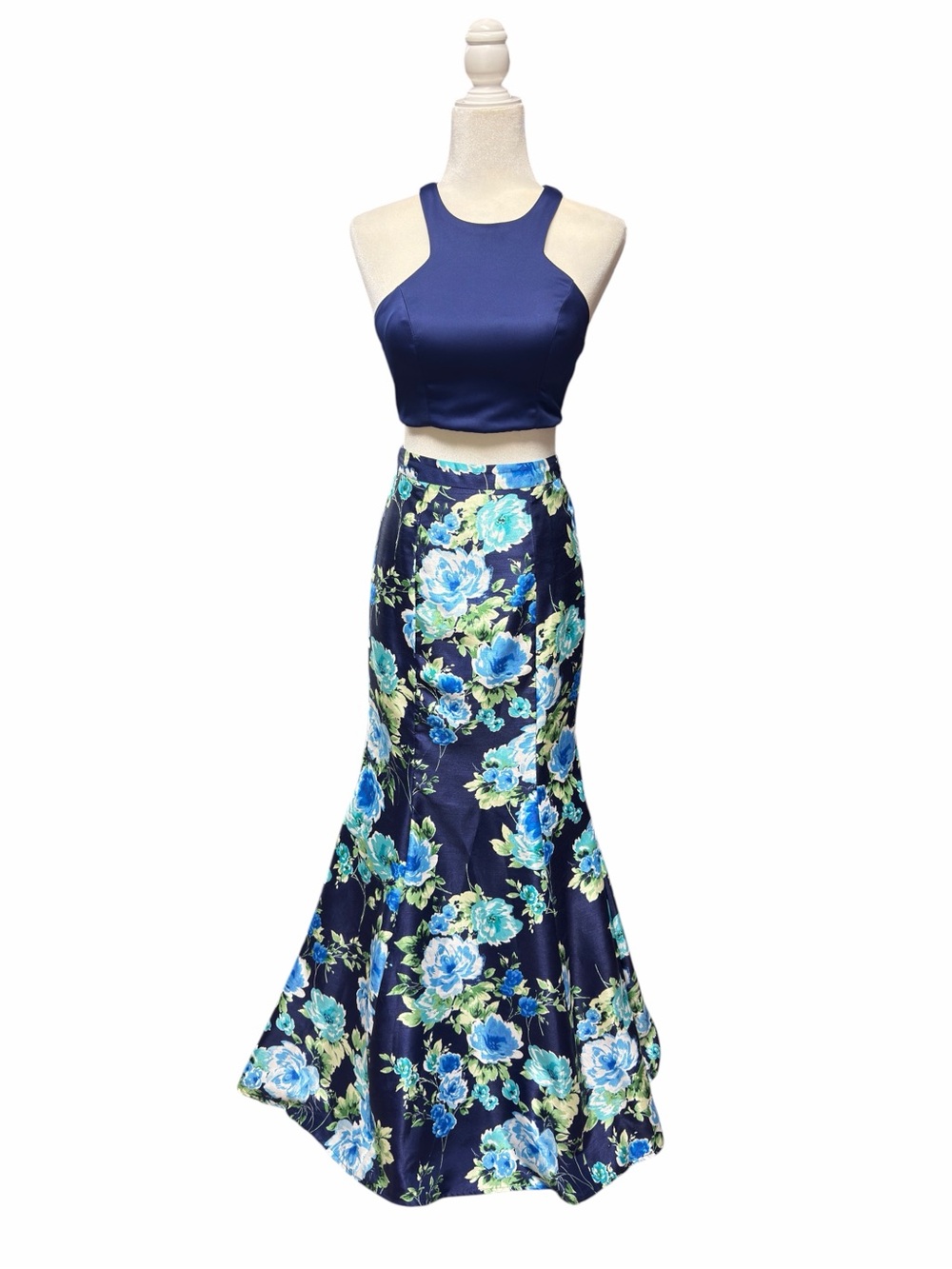 Sequin Hearts Blue Green Floral Two-Piece Mermaid Formal Prom Dress Size 3 - Picture 3 of 8